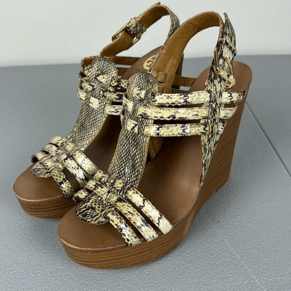 Tory Burch Leslie Wooden Platform Wedges. Leather Snake Skin Print. Size 9.5.